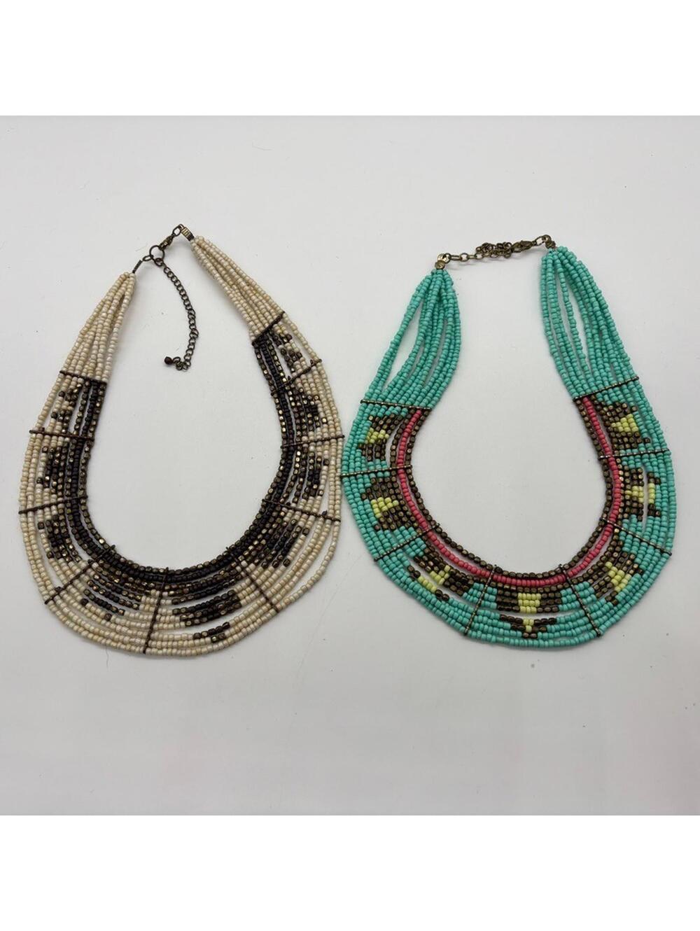 Vintage Y2K Statement Bib Necklace Seed Beads Aztec Design Turquoise White x2